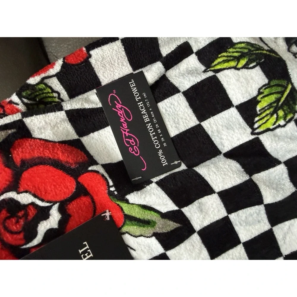 Ed Hardy Skull Roses Checkered Beach Towel 36x68 Cotton Black White NWT